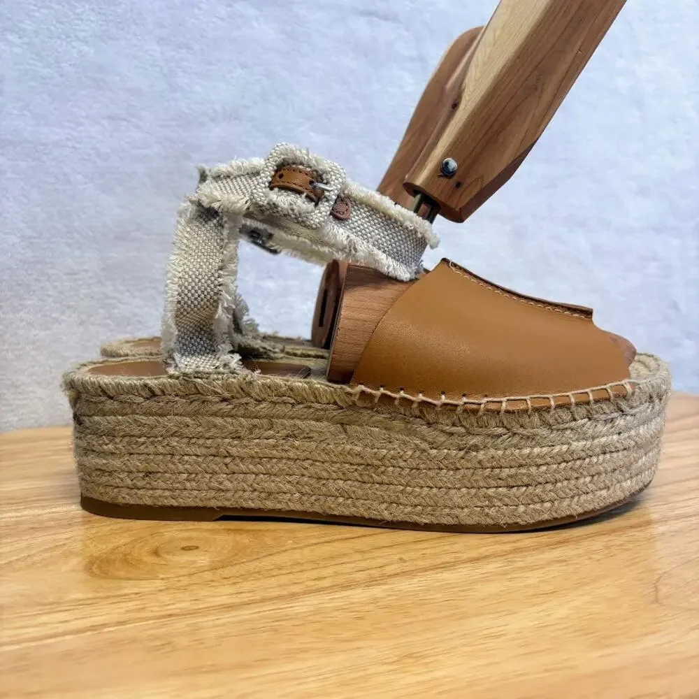 Zara Rope Sandals Platform Espadrille Ankle Buckle Tan Leather Sandal EU 39 US - Picture 3 of 13